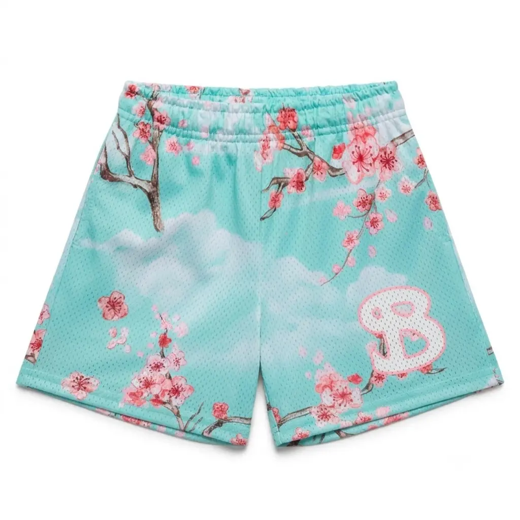 CHERRY BLOSSOM SPRING SKY SHORTS, Basketball Shorts for Dad and Son, Youth CHERRY BLOSSOM SPRING SKY SHORTS, Men's Mesh Basketball Shorts, mesh fabric for ultimate breathability, comfort, and unrestricted mobility. Menswear Athletic Pockets Polyester