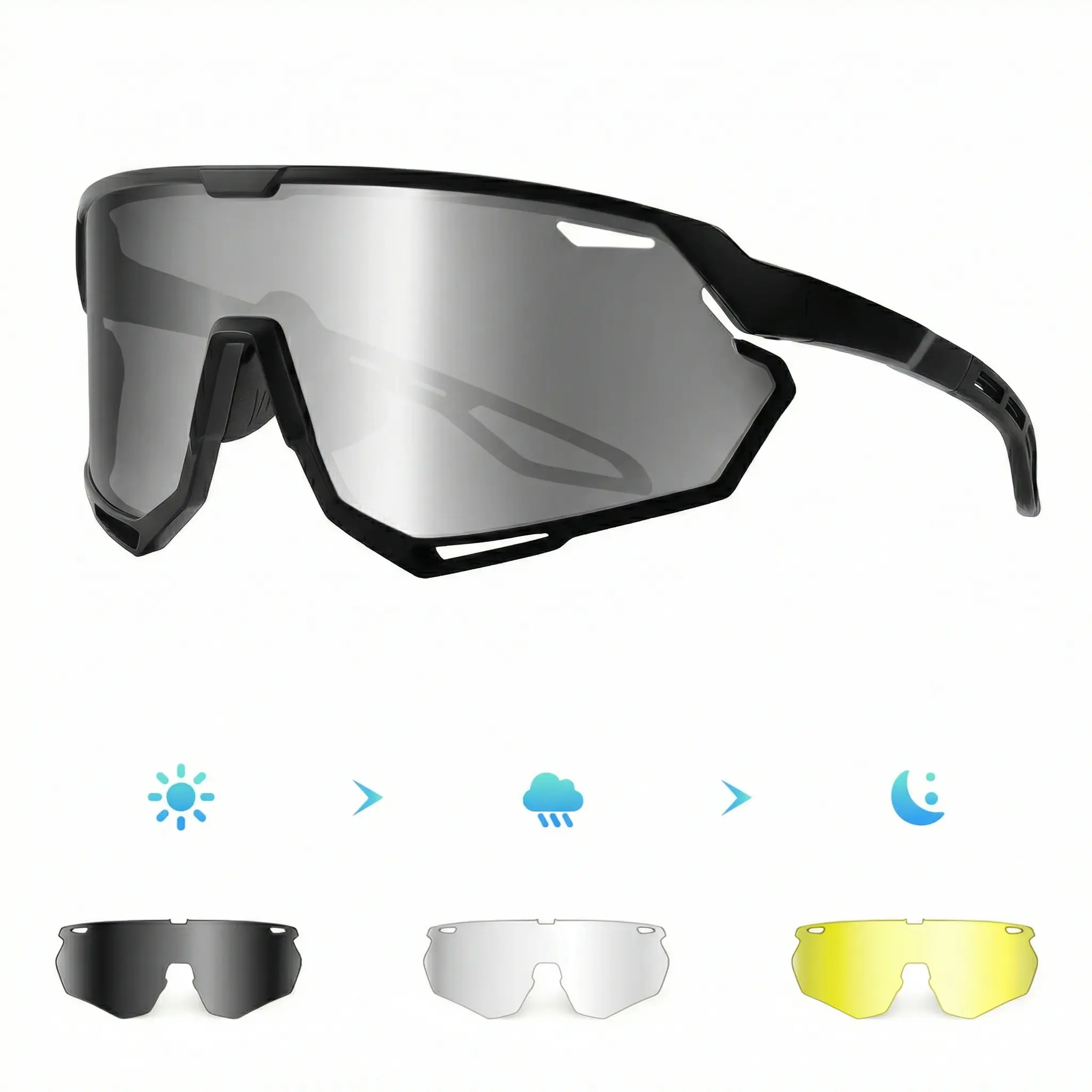 Meeloog ST0155 Adjustable PC Sports Sunglasses - 3 Interchangeable Lenses, 1-Piece Shield, 26g Lightweight TR90 Frame, UV400, Anti-Glare, Windproof Goggles, Anti-Wind & Sand, Day & Night Vision, Men's Biking Outdoor Eyewear