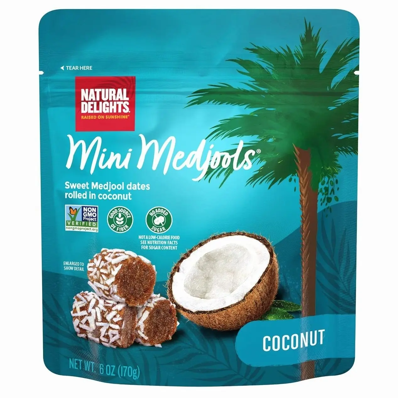 Natural Delights Medjool Dates - Coconut Mini Medjools, Non-GMO Verified, Mini Date Bites, Healthy Date Snack, Good Source of Fiber, Naturally Sweet, On the Go Snack - Coconut Mini Medjools, 6 oz Bag