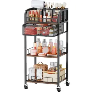 Makeup Organizer Storage Cart - 4 Tier Skincare Make Up Storage with Drawer, Rolling Makeup Cart  Organizer  Display Cases Holder for  Care Perfume  Polish Brush