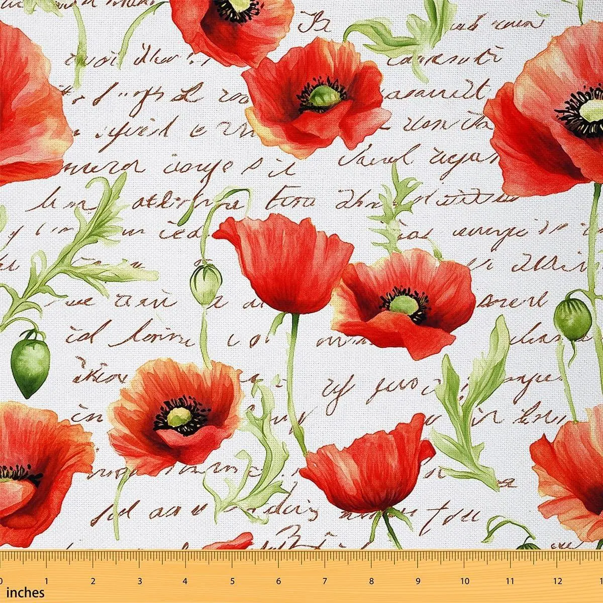 Watercolor Red Poppy Fabric Tie Dye Wild Flowers Botanical Leaves Fabric Women Outdoor Floral Retro Rustic Style Fabric DIY Soft Flannel Polyester No Stretch