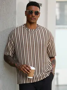 Men's Short Sleeve Casual Loose Striped T-Shirt, Knitted Jacquard Stripe Design, Versatile Daily Wear, Suitable for Commuting, Travel, Vacation, Top