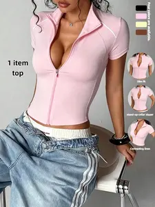 Single Stand Collar Zipper Short Sleeve Yoga Top, Athletic Workout Tops, Sporty Colorblock Design, Slim-Fitting Quick-Dry Training Jacket for Fitness Running, Fitness Sports Top