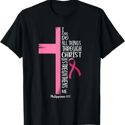 Women's Breast Cancer Awareness Casual T-Shirt - Bible Verse Philippians 4:13 "I Can Do All Things Through Christ", Pink Ribbon Cross Print, Classic Neck, Short Sleeve, Soft Cotton Breathable Fabric, Everyday Style, Comfortable Fit