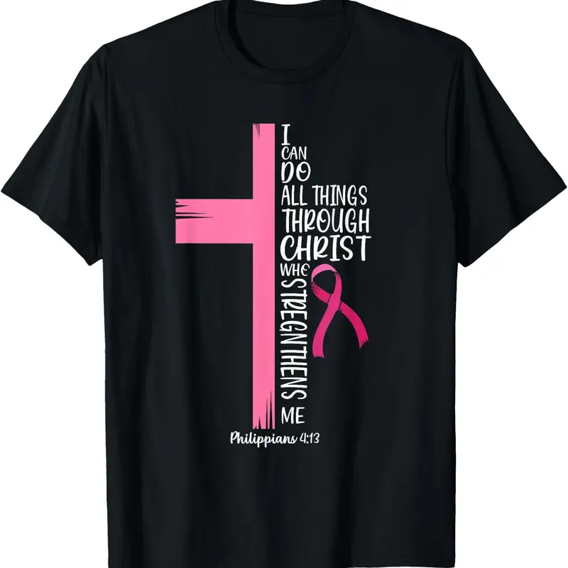 Women's Breast Cancer Awareness Casual T-Shirt - Bible Verse Philippians 4:13 "I Can Do All Things Through Christ", Pink Ribbon Cross Print, Classic Neck, Short Sleeve, Soft Cotton Breathable Fabric, Everyday Style, Comfortable Fit