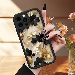 Matte Black Gold Floral Pattern Soft Shell Phone Case, 360 Degree Full Protection UV Printing, Suitable for Apple iPhone 11 12 Mini 13 Pro 14 Plus 15 Pro Max 16 Pro Max 17 Air 17 XS Max, Ideal Birthday Gift for Both Men and Women