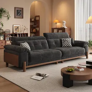 Mid-Century Modern 3-Seater Straight Sofa, Soft Skin-Friendly Chenille & Linen Blend Upholstered Couch, High Density Sponge Upholstered Fabric Sofa for Living Room Apartment Home Decor