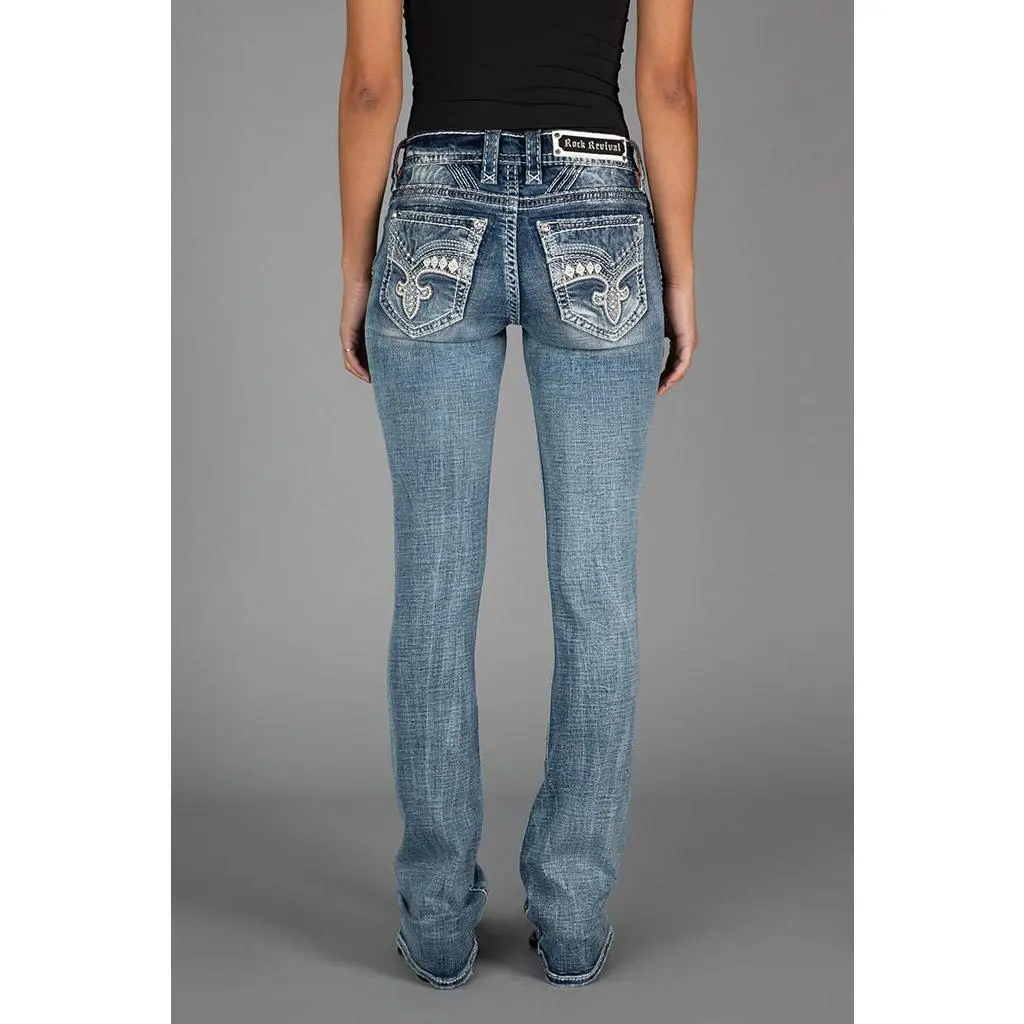 Rock Revival Women's Kali Mid Waist Boot Cut Jeans in Embroidered Stretch Denim, Western Wear with Pewter Hardware, Bootcut, Casual