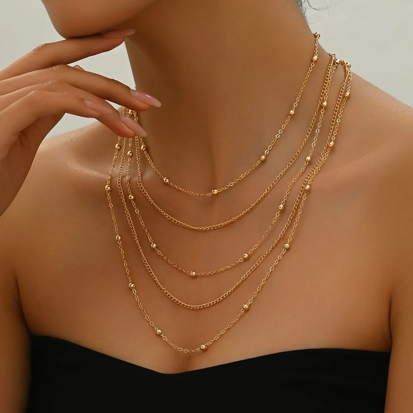 Lxalry   Plated Multi-Layer Thin Chain Necklace With Round Beads, Handmade Designer Jewelry For Women, Hypoallergenic Durable Fashion Accessories For Daily Party Date charm  stack