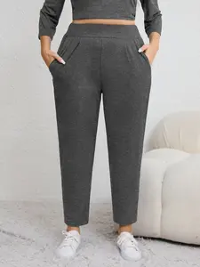 Plus Size Women's High-Waisted Loose-Fit Casual Pants, Elastic Waistband, Side Pockets, Plain Pattern, All Seasons Wear