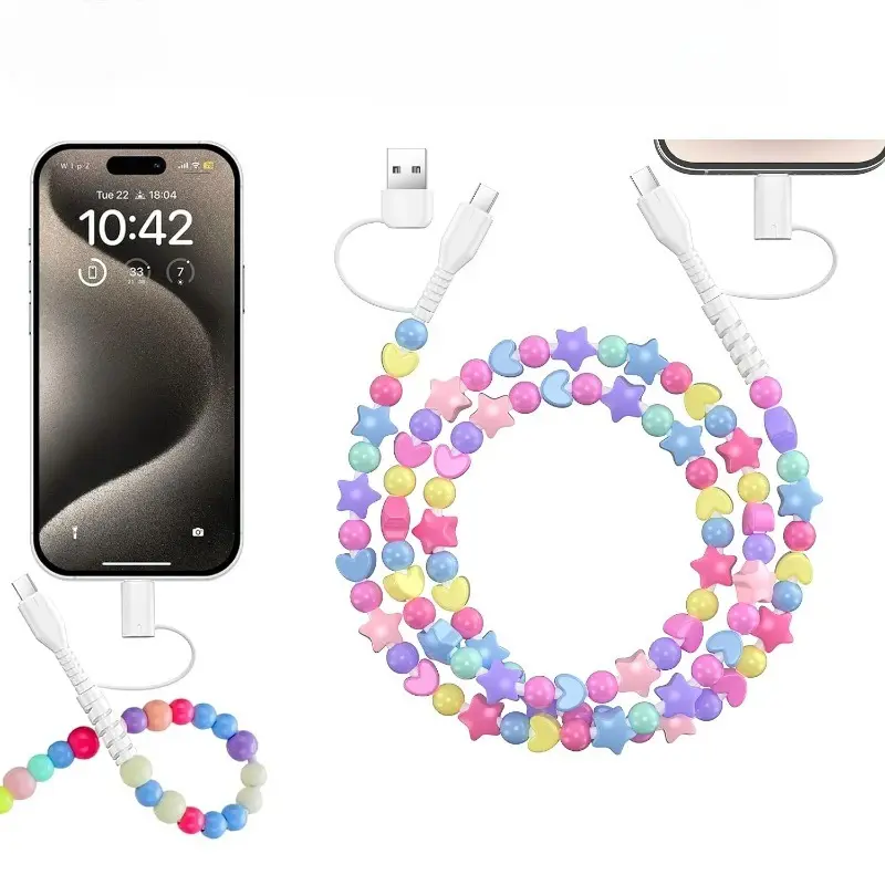 60W PD3.0 4-In-1 Beaded Durable Fast Charging Cable - USB Data Sync Cord, Anti-Entanglement Multi-Port Car Accessory for iPhone, Mobile Cellphone & Universal Smart Devices, Aesthetic