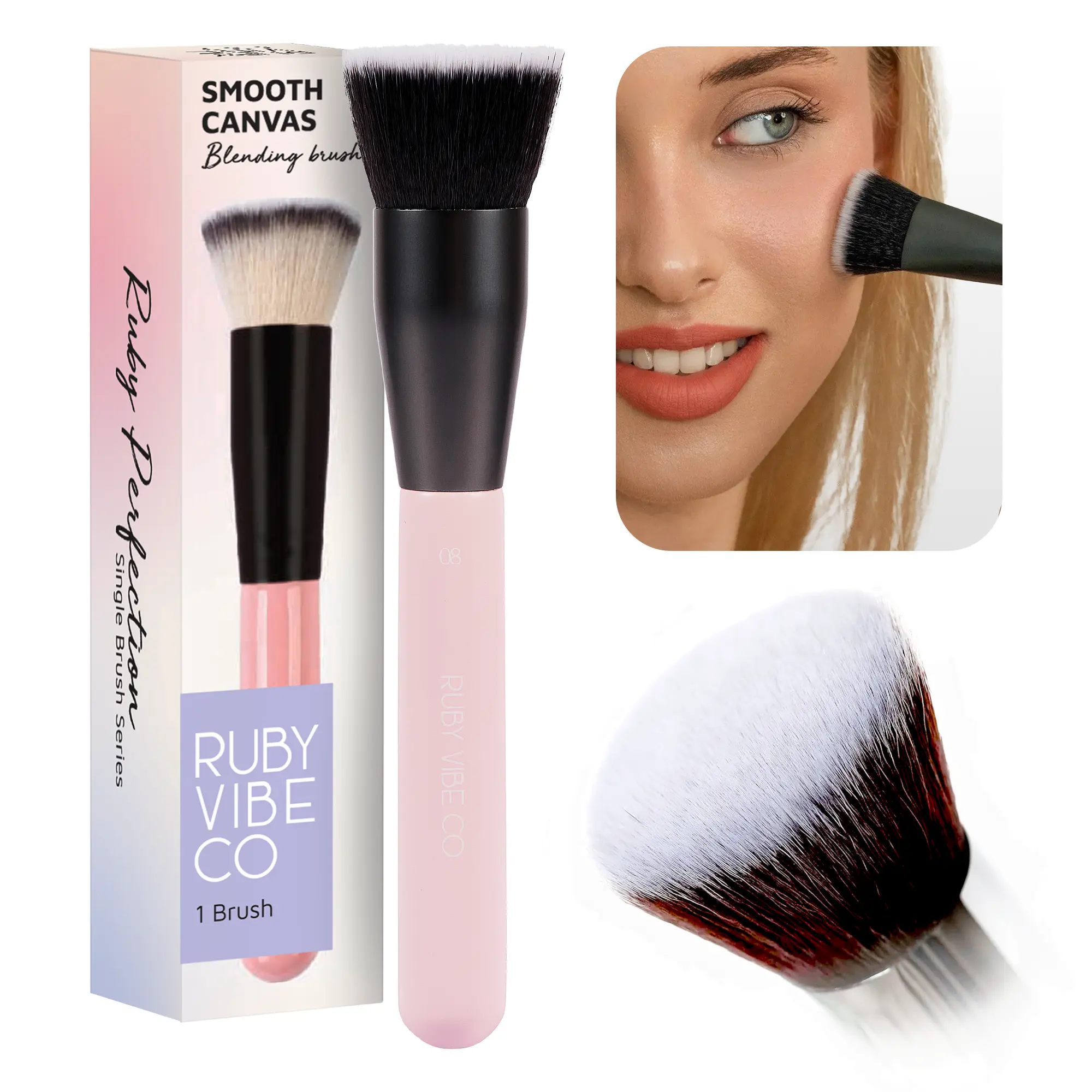 RUBY VIBE CO Flat Top Kabuki Foundation Brush, Kabuki Foundation Blending Brush for Liquid Makeup, Liquid Foundation Brush, Soft Synthetic Makeup Brush with Pink Wood Handle