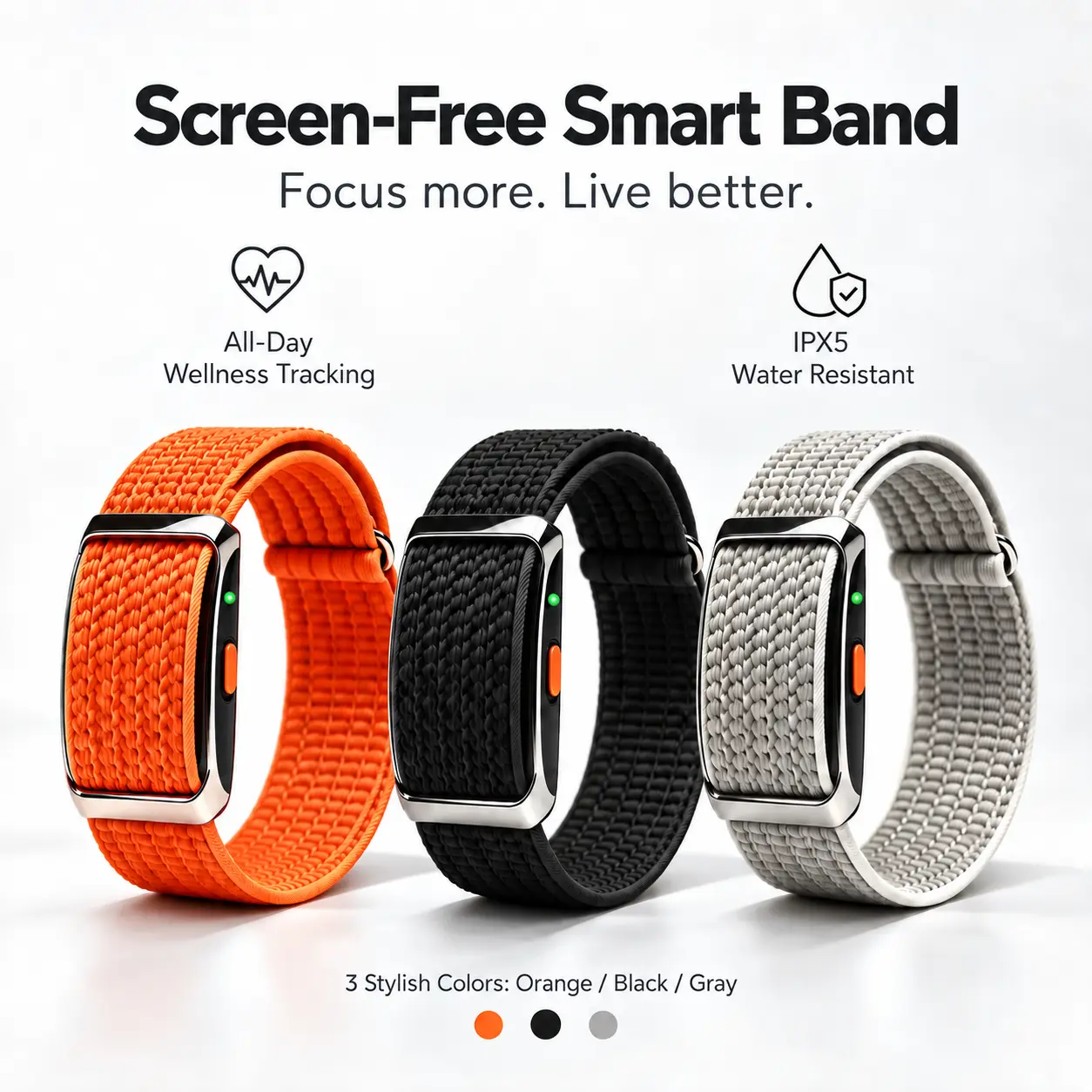 Screen-Free Smart Band Fitness Tracker for Men Women, Screenless Fitness Tracker with 24/7 Health Tracking, Exercise Modes, Stress Sleep Monitor, Step Counter Sports Activity Tracker, IPX5 Waterproof, No Subscription Fees, Works with iOS & Android