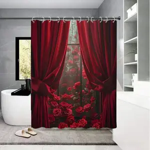1pc romantic red rose pattern shower curtain, perfect for bathroom decoration, partition, beautification of space, durable polyester material, easy to clean, machine washable, multiple sizes available, free hook, Bathroom Decoration Accessories