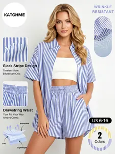 Katch Me Chic Women's Versatile Color Matching Striped Short Sleeve Shirt & Drawstring Waist Shorts Loungewear Co-ord, Lightweight Wrinkle-Resistant Loose Two Piece Sets, Skin-Friendly Daily Outfit