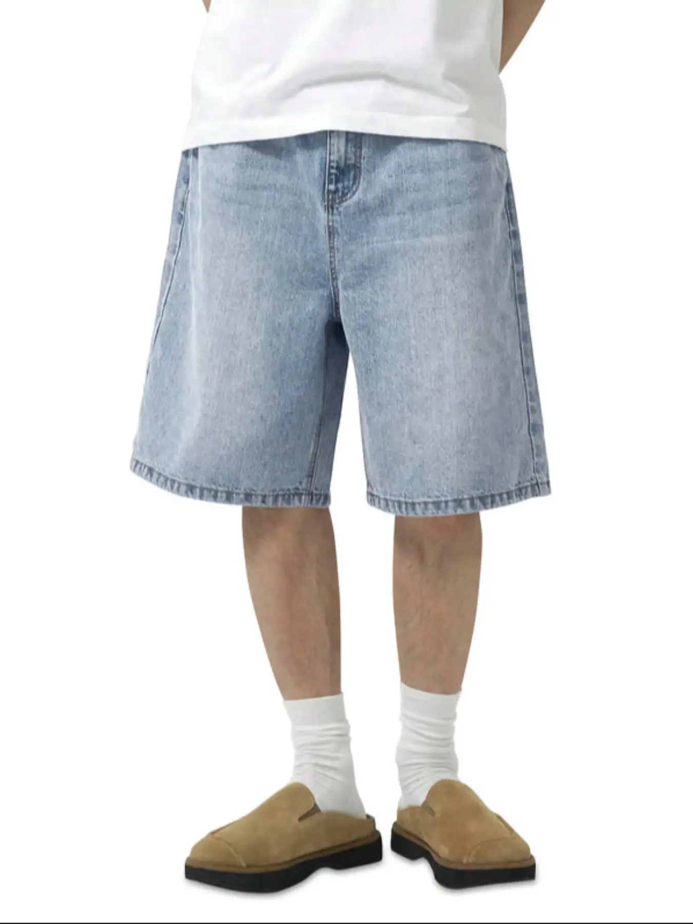 Light Wash Blue Denim Mid-Thigh Pants, High Waist A-Line Fitted Slimming Design, Street Style Summer Versatile Hotpants, Unisex Trendy Brand Shorts
