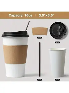 120PCS 16oz Disposable Paper Cups with Lids, Sleeves and Straws – Leak-Resistant Coffee Cups for Hot & Cold Beverages, Office Home Takeout