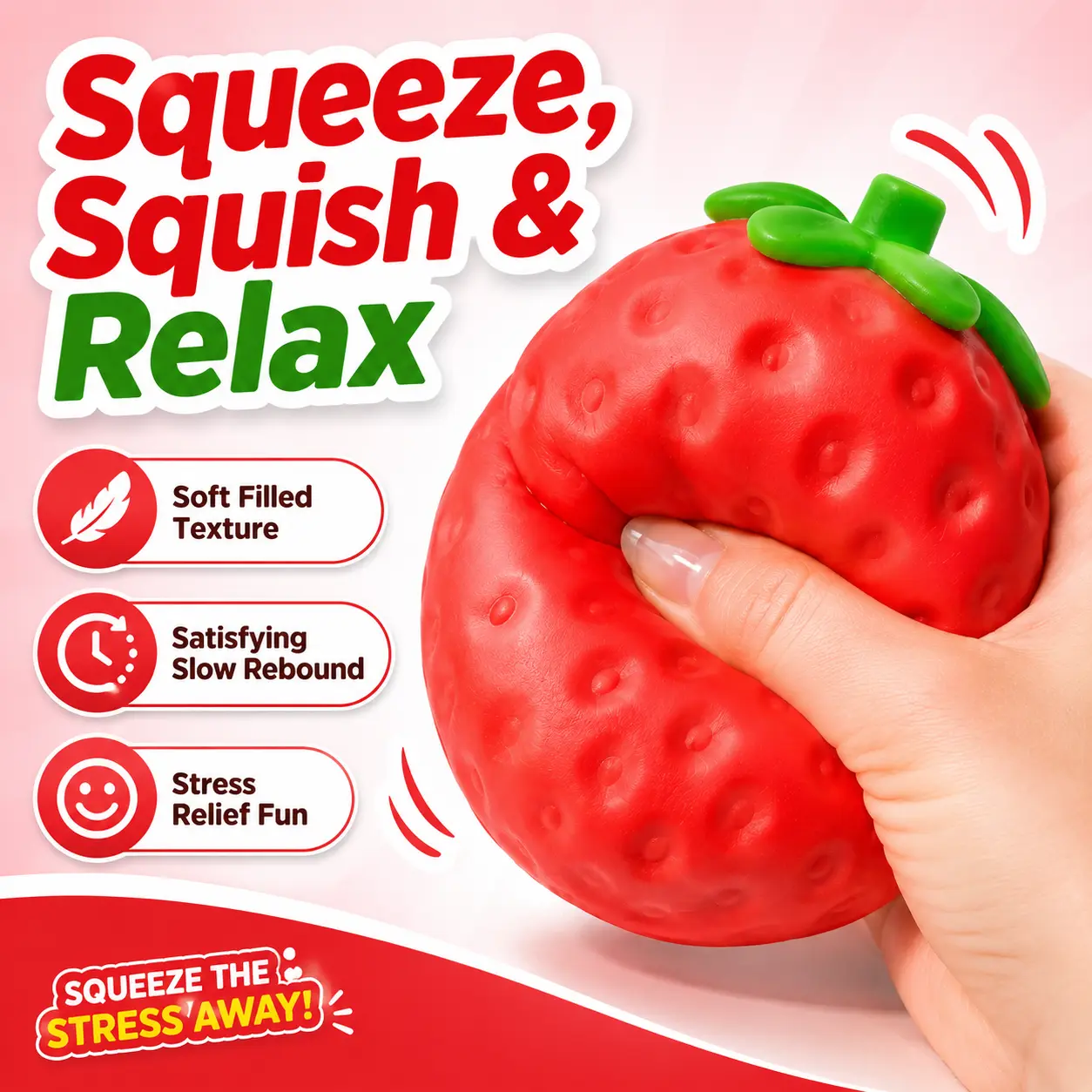 Strawberry Squeeze Toy, Soft Filled Sensory Stress Relief Toy, Slow Rebound Strawberry Squishy Fidget Toy for Kids Teens Adults, Cute Fruit Decompression Toy, Desk Toy, Party Favor Gift
