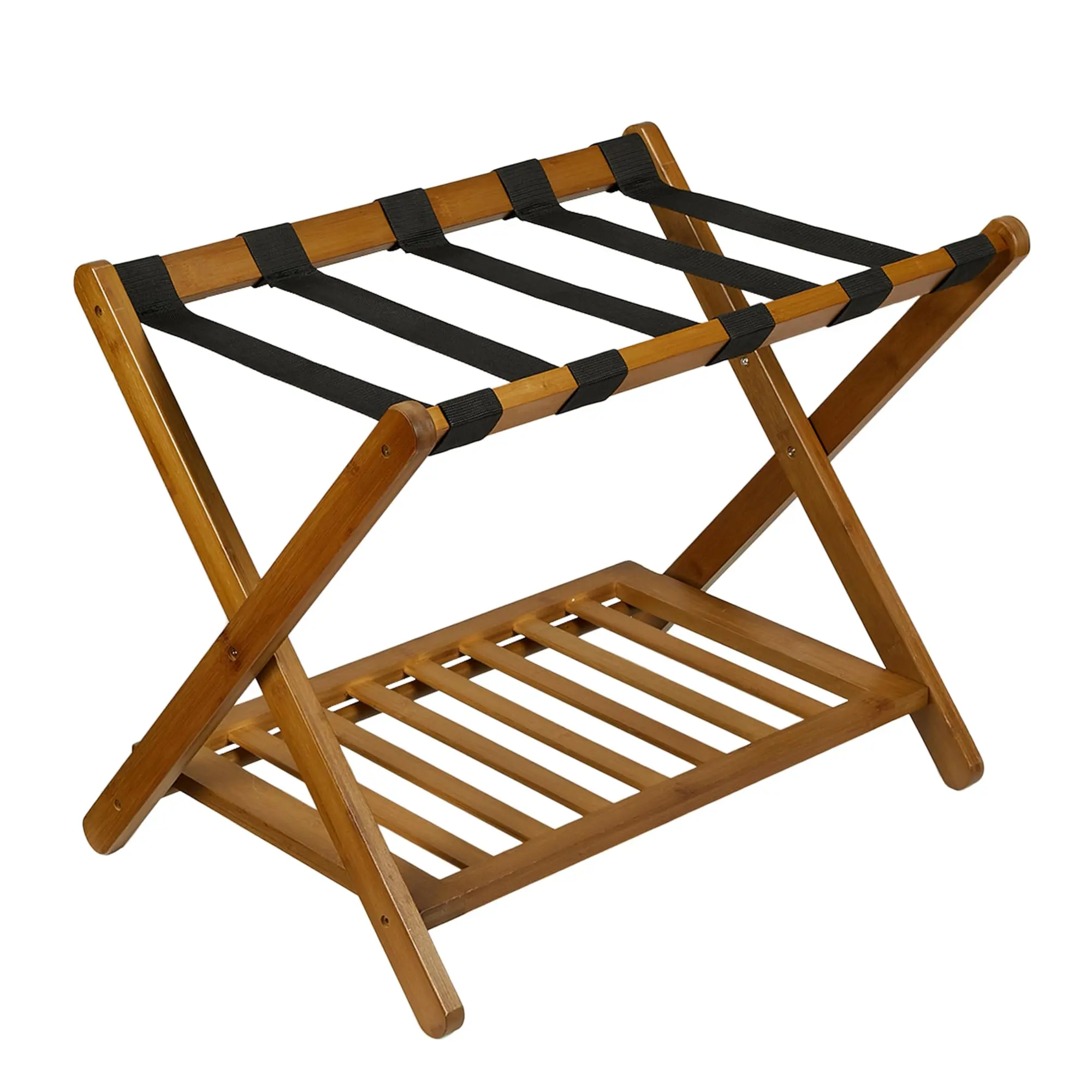 Garvee Premium Bamboo Luggage Rack with Folding Suitcase Stand, Storage Shelf, and Nylon Straps; Holds up to 150 lb; Fits Most Luggage Sizes; Ideal for Bedrooms, Living Rooms, and Hotels; Walnut Finish