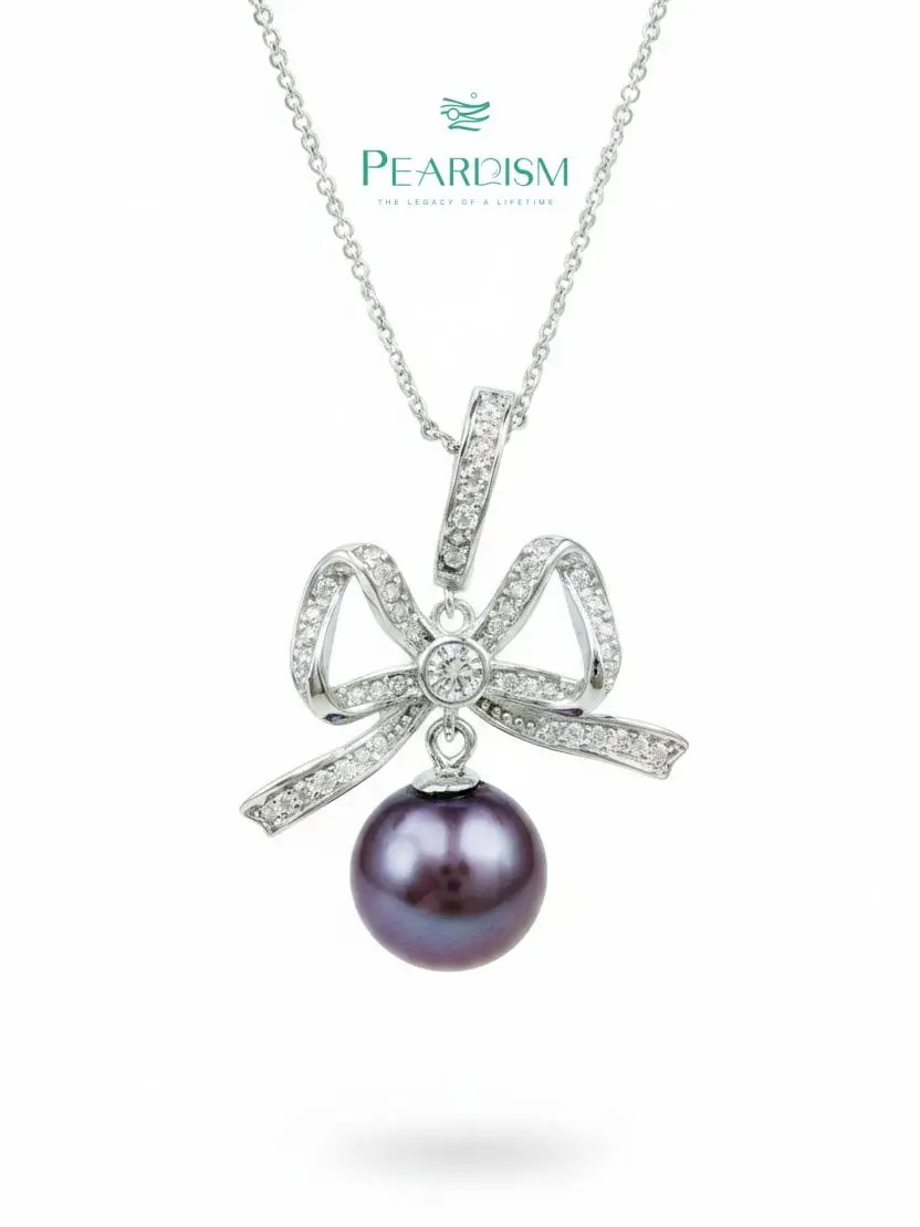PEARLISM Dainty Everyday Edison Pearl Pendant | 9-10mm Purple Silver Bow CZ Hypoallergenic-AFEP031