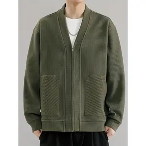 Men'S Plus Size Olive Green Baseball Jacket - Casual, Loose Fit, Zip-Up with Pockets, Non-Stretch Fabric, Polyester Lined, Regular Fit, Plus Size Jacket, PLUS SIZE