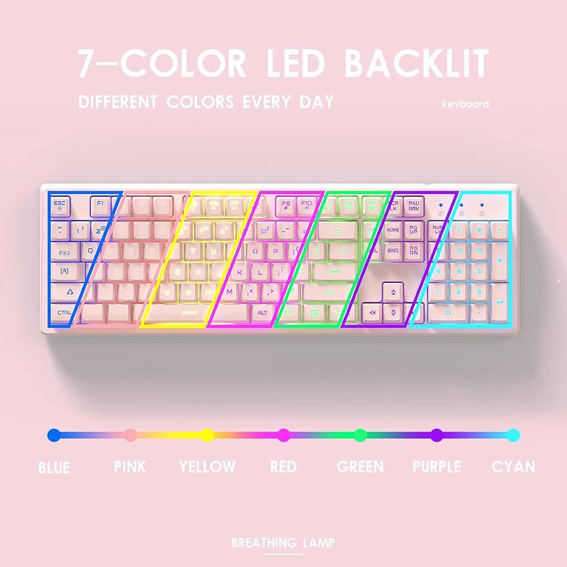 Pink Keyboard with 7-Color LED Backlit, 104  Quiet Silent Light Up Keyboards, 19-Key Anti-Ghosting  Gaming Keyboard Mechanical Feeling  Wired USB for Computer, , Laptop