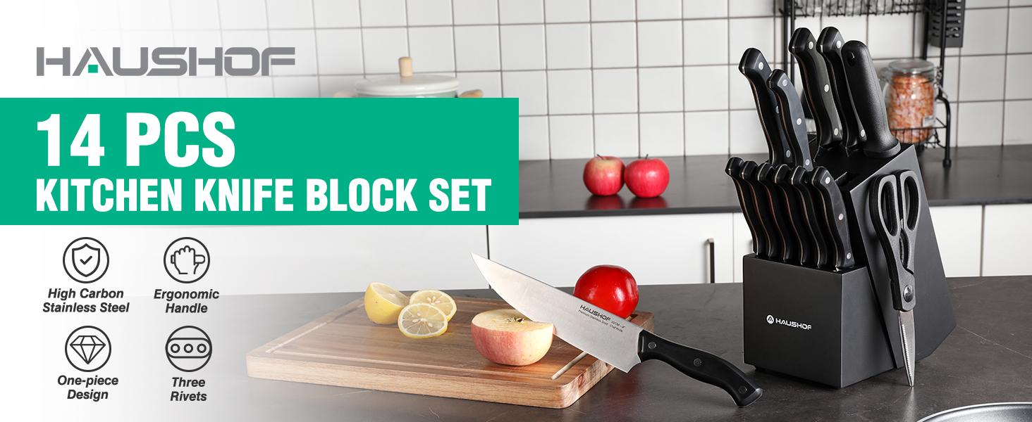 #JumpstartSale HAUSHOF 14 PCS Kitchen Knife Set With Block Wooden, Razor-Sharp Stainless Steel, Forged Triple Rivet, Chefs, Santoku, Slicing, Utility & 6 Steak Knives, Black