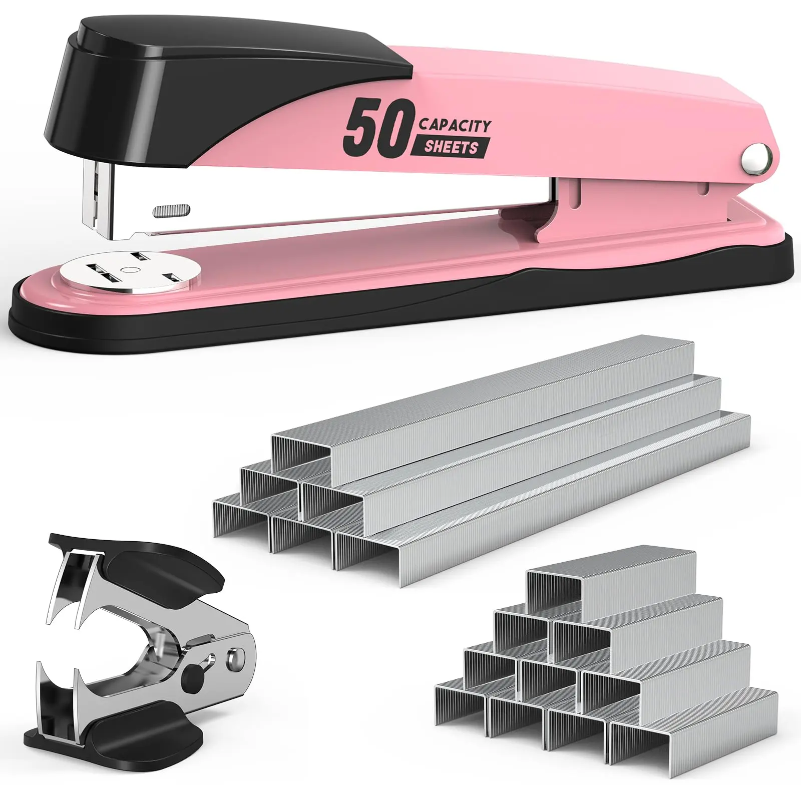 Metal Stapler Heavy Duty 50 Sheet Capacity with 1750 Staples and Staple Remover  Full Strip Staplers for Desk No Jam Non-Slip Office & Classroom Pink