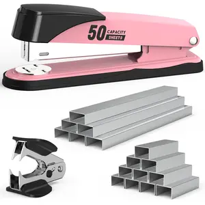 Metal Stapler Heavy Duty 50 Sheet Capacity with 1750 Staples and Staple Remover  Full Strip Staplers for Desk No Jam Non-Slip Office & Classroom Pink