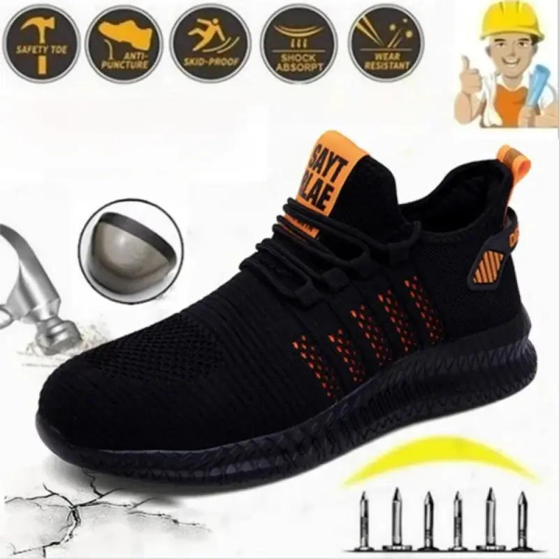 Men's Fashion Safety Steel Toe Casual Sneakers - Breathable Mesh, Rubber Sole, Laced Walking Shoes for Workers, Puncture-Resistant