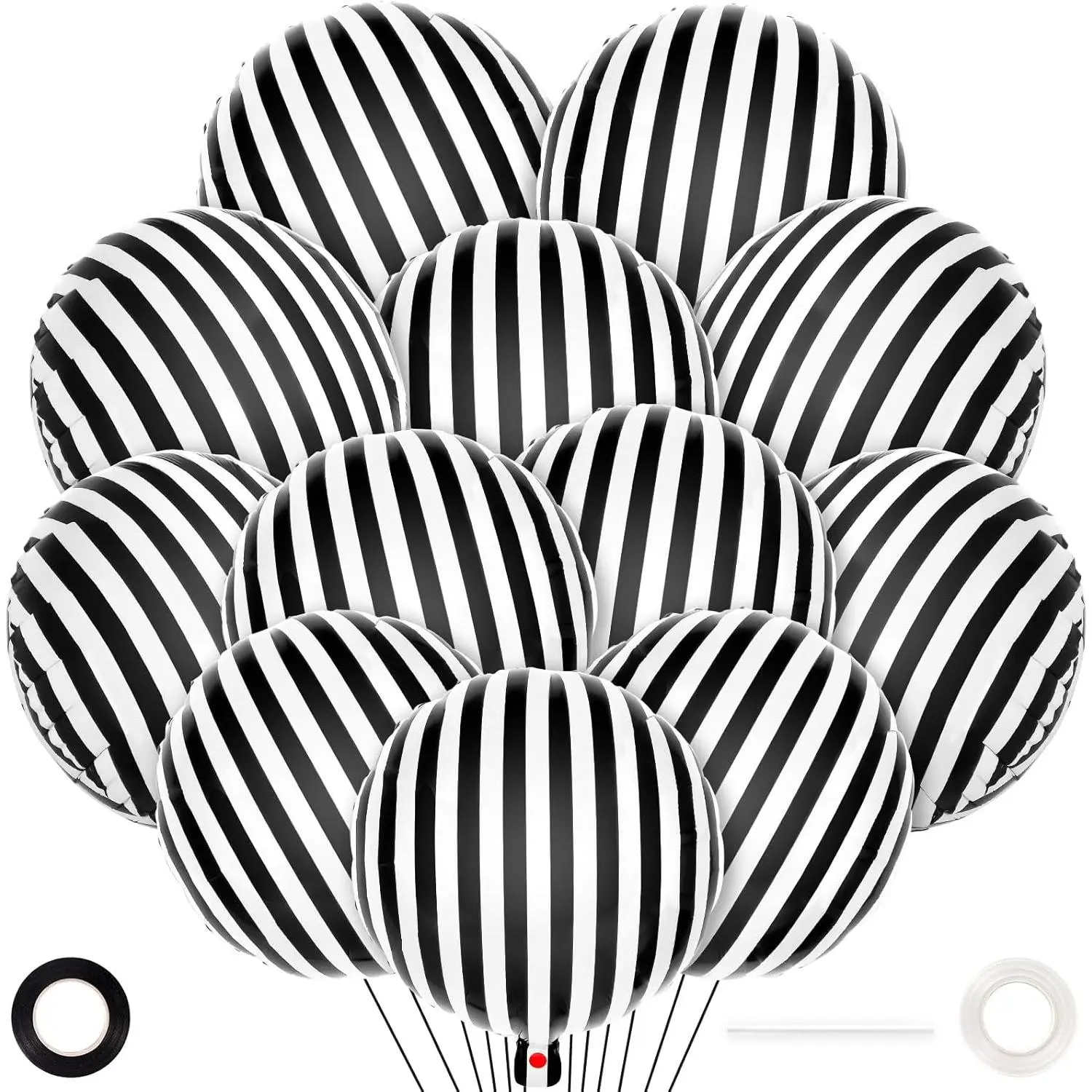 18-In Aluminium Foil Balloons with Pump - 12 Pcs Black White Striped, Black Checkered Reusable Easy-to-Carry Decor Accessories for Halloween, No Excess Bulk Home & Festive Party Supplies, Decoration
