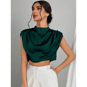 Elegant Women's Stand Collar Solid Color Ruched Batwing Sleeve Shirt,Ladies Elegant Ruched Cap Sleeve Stand Collar Regular Fit Crop Dark Green Batwing Sleeve Top Women Blouses,Spring/Summer,Casual Daily Wear