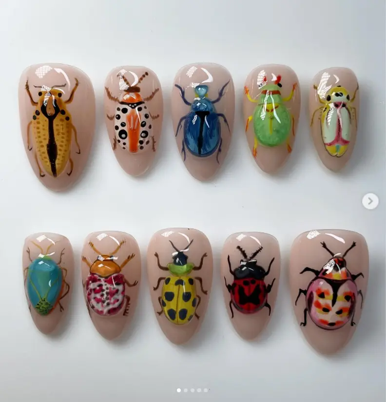 Insect Bug Press On Nails, Hand Painted Beetle Ladybug Almond Nails, Nature Inspired Handmade Nail Art Set