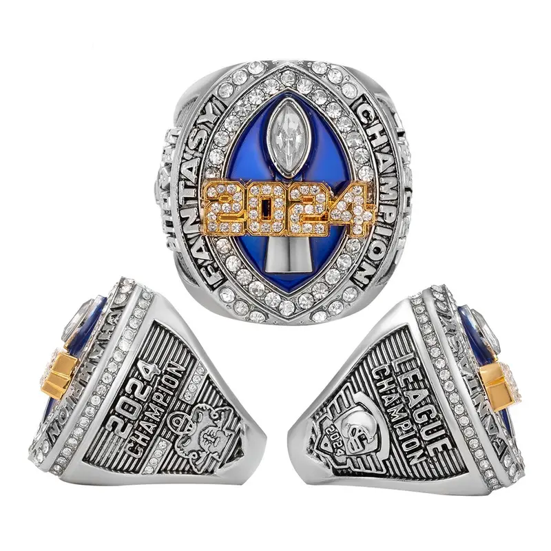 Men's Fantasy Series 2024 Football Championship Ring - 2-Tone Gold Coated Graphic Alloy, Rhinestones, Gold+Silver Shine, Size 11, Wooden Display Box, Sports Style Costume Jewelry for Gifting, Football Sports Style Accessory