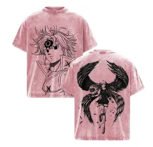 Meliodas x Elizabeth Liones Anime Double Printed Vintage Washed Tee Unisex Oversize Heavyweight Cotton T-shirt for Anime Fans and Lovers