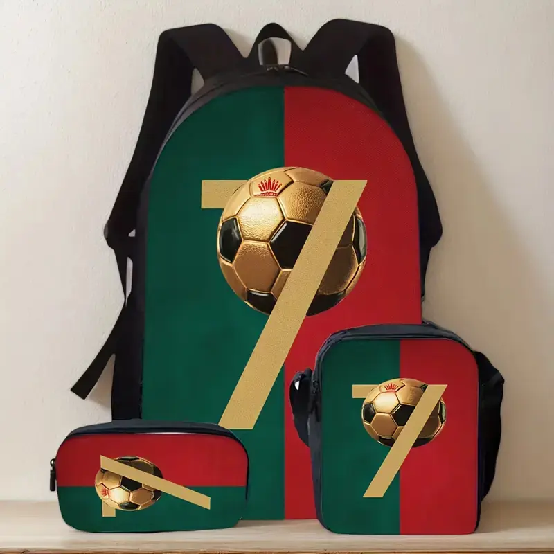 CR7 3PCS Kids Backpack Set, Waterproof Large Capacity School Bag with Insulated Lunch Box & Pencil Pouch, Red Green National Flag Soccer Star Print Student Bookbag for Boys Youth Cristiano Ronaldo Sports Fans