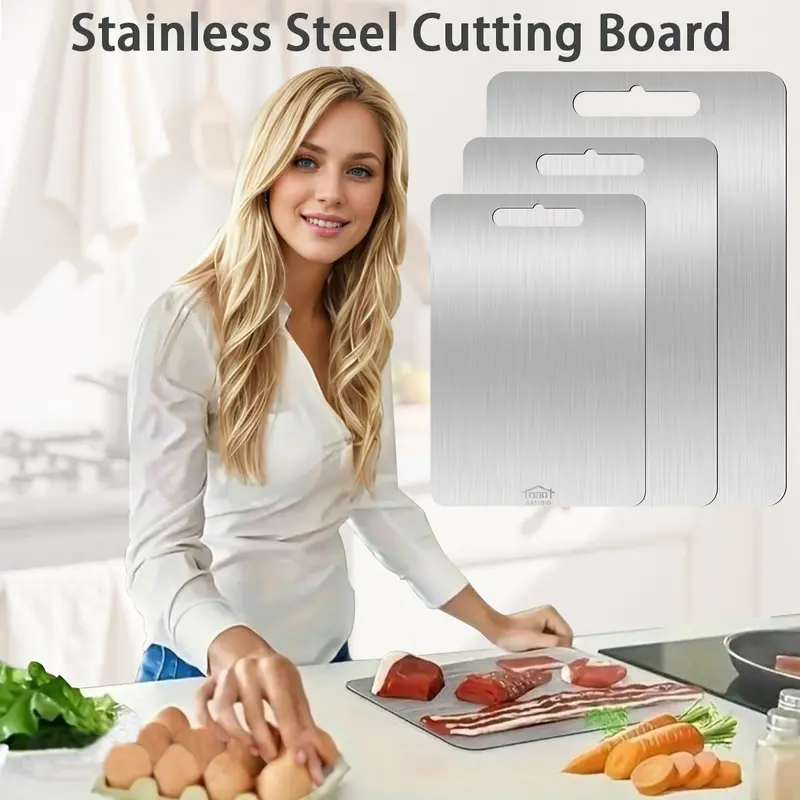 3PCS Stainless Steel Cutting Board Set S+M+L Sizes Food-Grade Metal Chopping Boards for Meat Vegetables & Ultrathin & Durable, Portable & Rust-Resistant Easy to Clean More Edge-Smoothing Kitchen Tools - Kitchenware 6