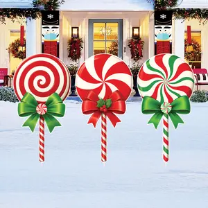 Christmas Candy Yard Signs Outdoor Holiday Lawn Stakes with Peppermint Lollipop Cutout Festive Garden Pathway Xmas Party Decor UV Printed Waterproof