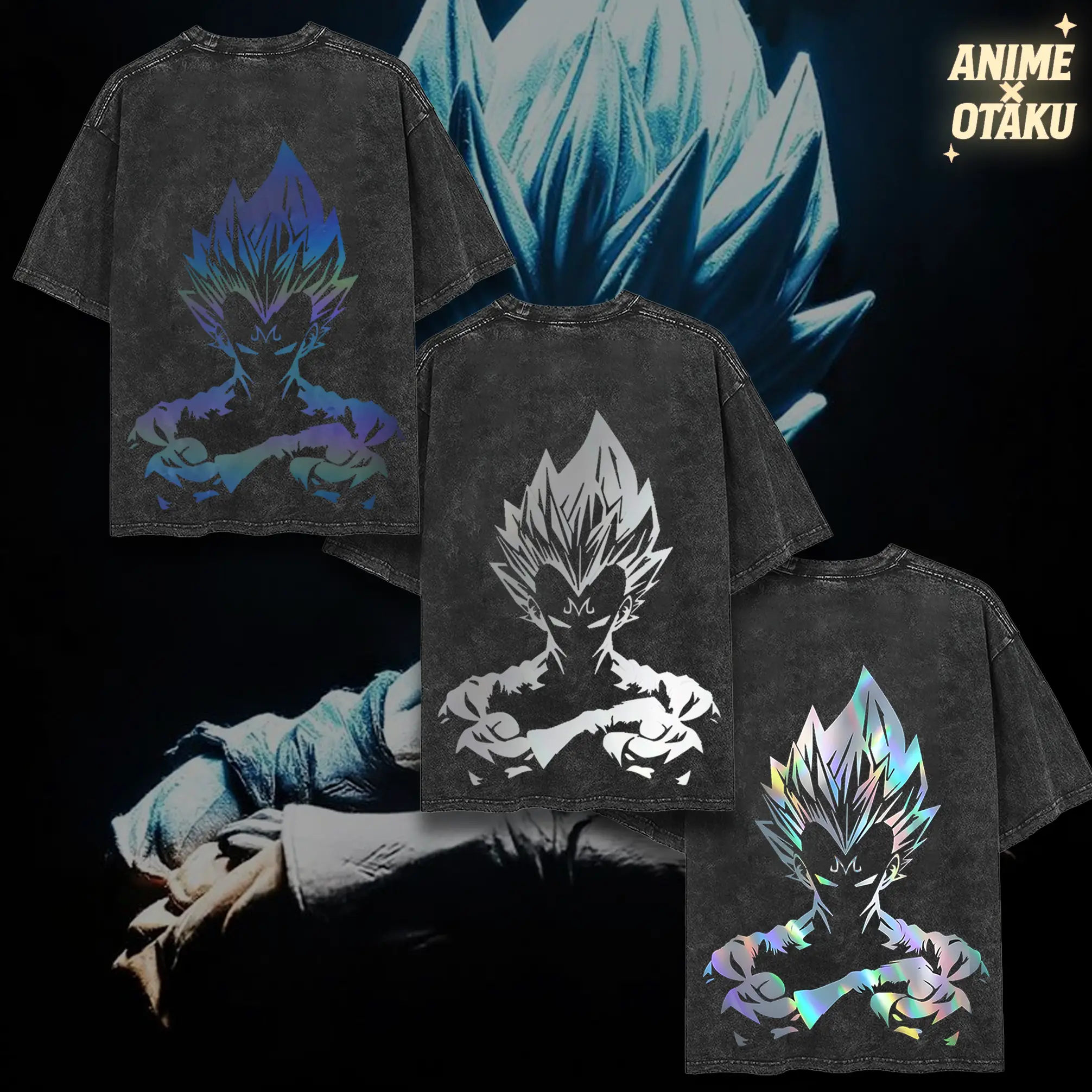 [SPECIAL] Hologram Edition Majin Vegeta Vintage Unisex Oversize Anime Manga Acid Washed T-shirt, graphic tee,anime merch fan, outfits men graphic tees