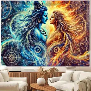1pc Vibrant Shiva & Parvati Mandala Tapestry - Polyester Wall Hanging with Intricate Blue & Golden Design, Perfect for Living Room Decor, Bedroom Accent, or Spiritual Space, Bedroom Wall Art |       Vibrant Wall Decor |       Detailed Artwork, Shiva Home