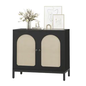 Buffet Cabinet with Storage  Kitchen Sideboard Console Table Adjustable Shelf  Two-Door Rattan Accent Cabinet with Arch Carving  for Living Room  Hallway  Dining Room  Black