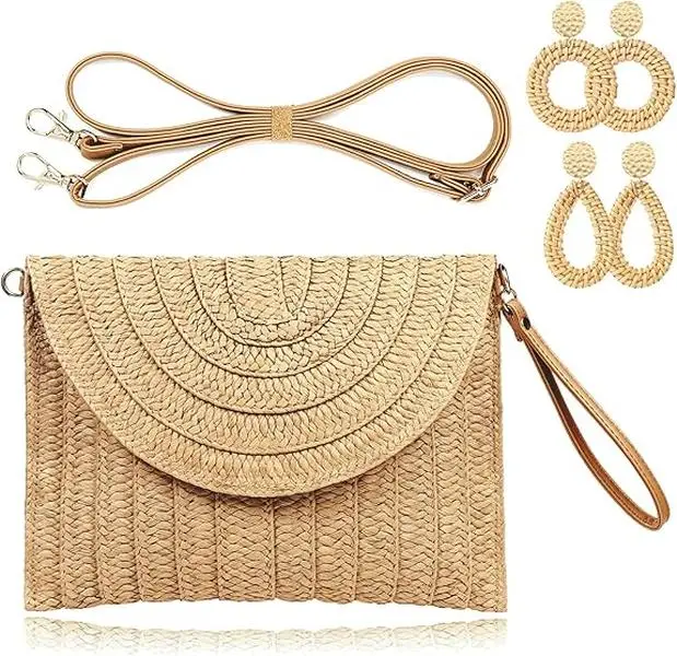 Women's Rattan Woven Clutch Underarm Purse - 11.2x8.26in Envelope Shape, Magnetic Clasp, Casual Chic Fashion Clutch, Minimalist Small Purse for Home Improvement Fashion Coordination, Beach Accessory