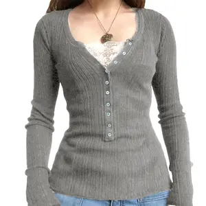 Women Lace Stitching V-Neck Fairy Crop Tops Y2K Long Sleeve Tight Shirt