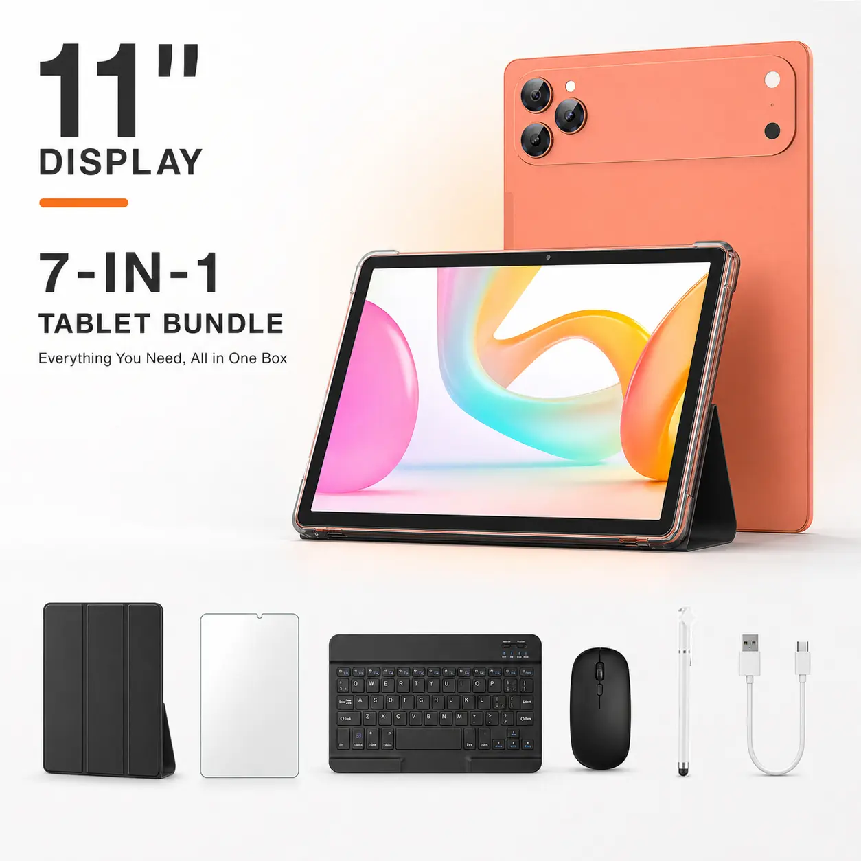 【SummerWins】2026 Android 15 Tablet, 11-Inch HD Touchscreen, 12GB RAM + 256GB Expandable Storage, Long-Lasting Battery, Dual Camera, 7-in-1 Bundle with Keyboard, Mouse, Stylus & Case, Portable Tablet for School, Work, Streaming, Travel & Entertainment