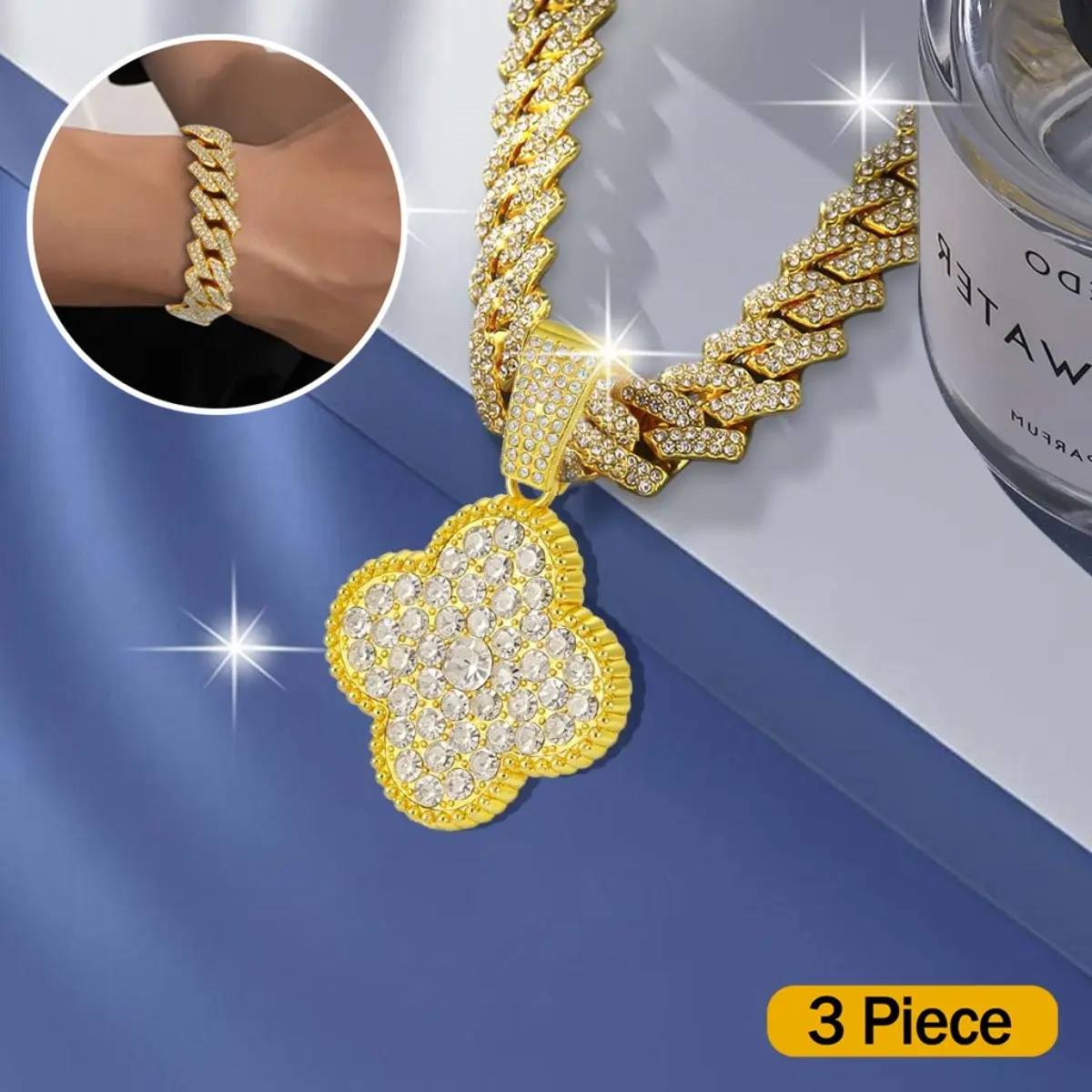 Four Leaf Clover Pendant Cuban Link Chain Necklace Iced Out Hip Hop Jewelry Miami Long Chain Set 2 3 Pieces for Men Women Gift