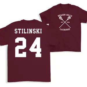 Beacon Hills Lacrosse Stilinski 24 T-Shirt, Double Sided Lacrosse Graphic Tee Retro Team Style Fan Shirt Gift