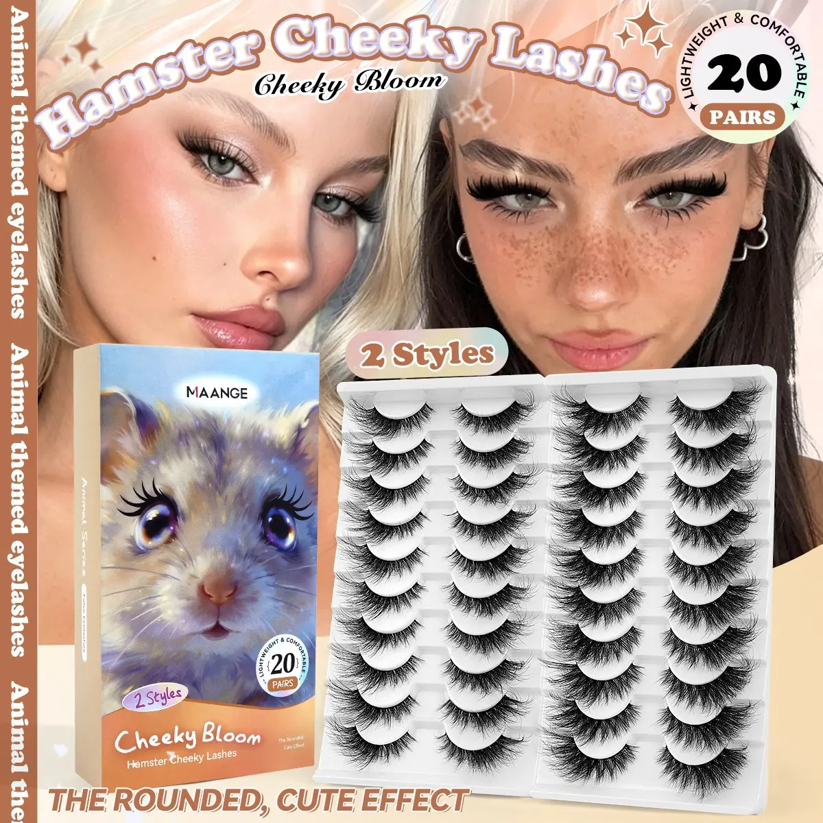 MAANGE 20 Pairs Hamster Cheeky False Lashes, C Curl Rounded Cute Style, Lightweight No Pressure, Fresh Innocent Makeup Effect, Soft Fluffy Lashes, Soft Wispy Lashes for Sweet Youthful Makeup, Reusable Faux Mink Lashes