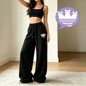 Cat Print Wide‑Leg Casual Sweatpants For Women,Soft Relaxed‑Fit Streetwear Pants, Elastic Waist Cute Cat Graphic Wide‑Leg Sweatpants,Soft Casual Loose‑Fit Streetwear Trousers,Womenswear Bottom Basic Minimalist Pants