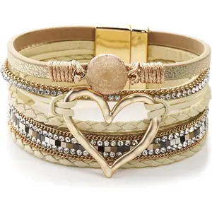 Multilayer Leather Wrap Bracelet Heart-Shape Wide Cuff Bracelets for Women