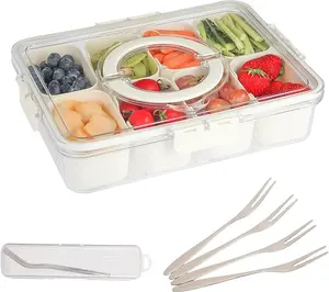 8 Compartment food container Snack Box, Divided Serving Tray with Lid, Portable Organizer with Forks, Food Storage Container for Candy, Chips, Snacks